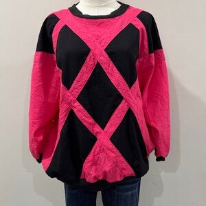 1980s Vintage Fuchsia & Black Geometric Nylon Sweatshirt – Retro Classic